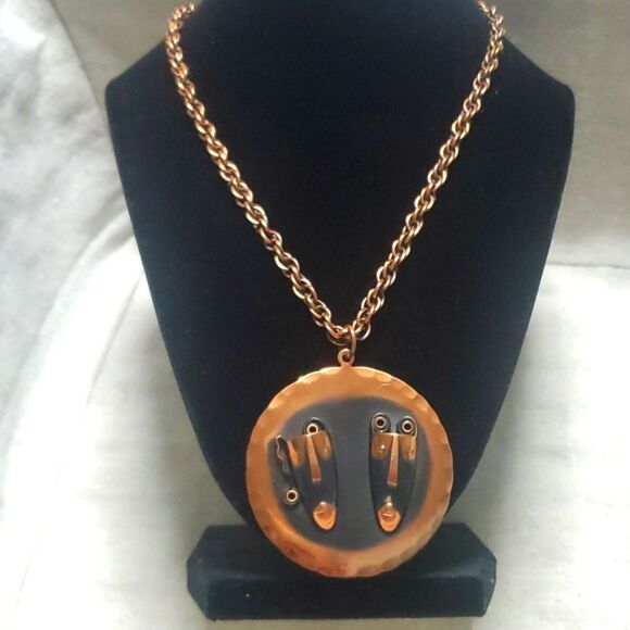Vintage MCM Copper Rebejas Comedy Tragedy Copper Pendant Necklace - Picture 1 of 9